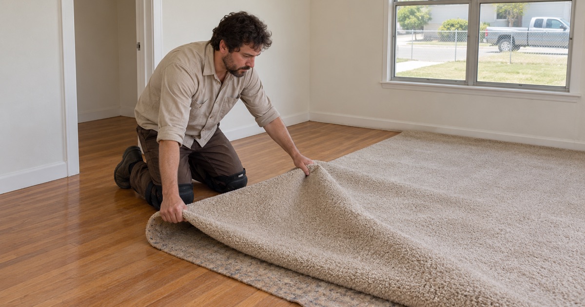 Worker folding back old carpet to reveal the original red oak floor in a 1940s Bellflower bedroom.