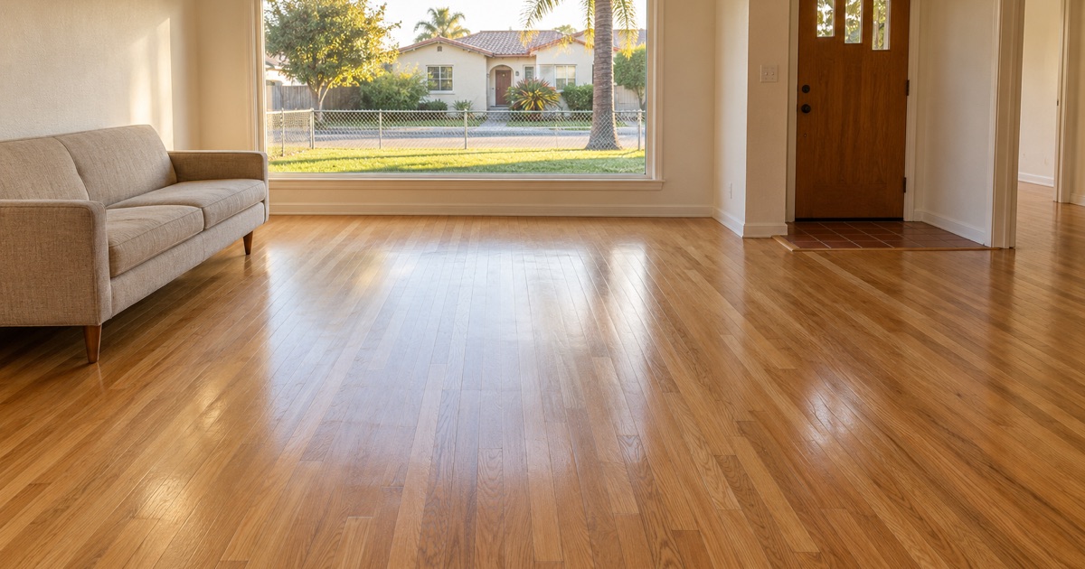 Refinished red oak strip floor running toward a picture window in a 1950s Bellflower living room.
