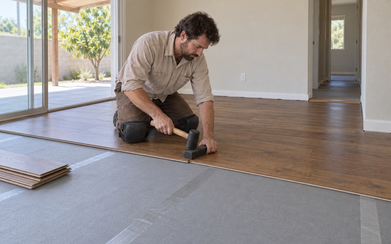 Worker tapping an engineered hardwood plank tight over underlayment in a Bellflower family room.