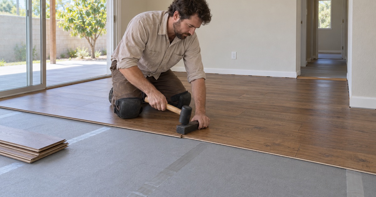 Worker tapping an engineered hardwood plank tight over underlayment in a Bellflower family room.