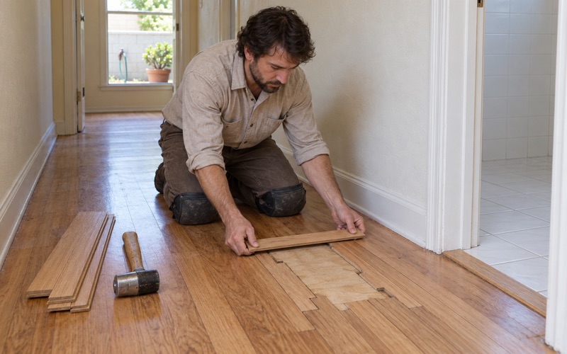 Worker lacing new oak strips with staggered joints across a patched floor-vent opening in a Bellflower hallway.