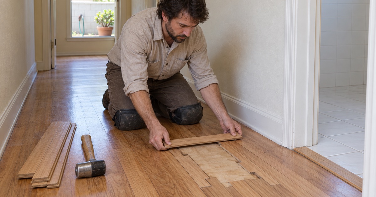Worker lacing new oak strips with staggered joints across a patched floor-vent opening in a Bellflower hallway.