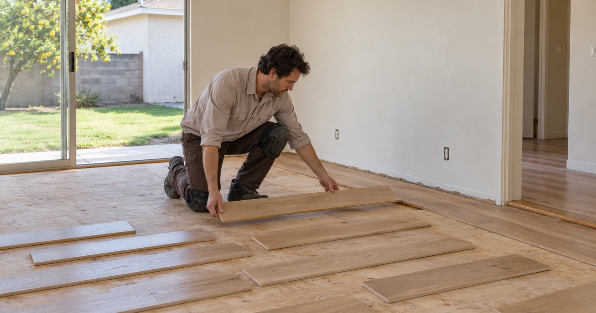 Worker racking out loose white oak planks across a bare room before a new wood floor goes in in Bellflower.