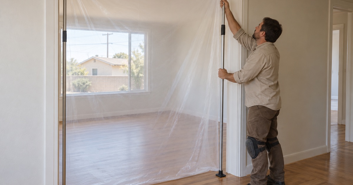 Worker setting a dust-barrier pole to hold plastic sheeting across a doorway before floor work in a Bellflower rental house.