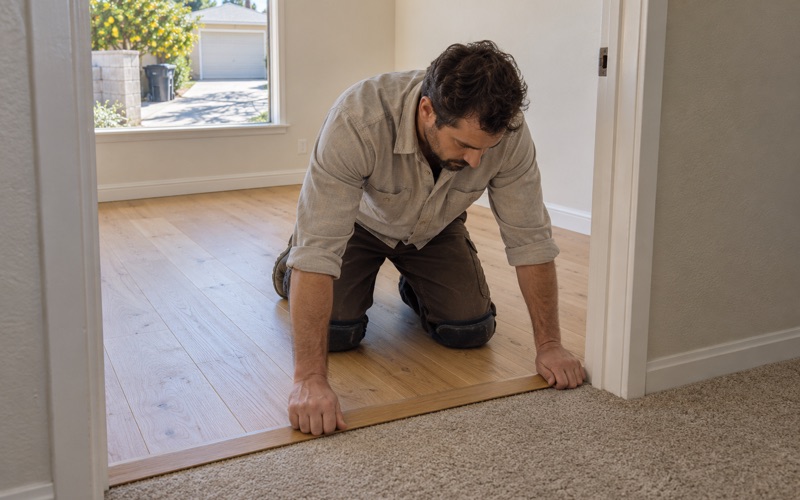 Worker pressing an oak transition strip into place where a new oak floor meets hallway carpet in a Bellflower house.