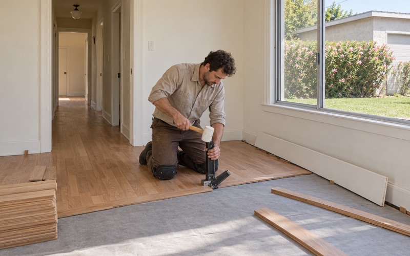 Worker nailing new solid red oak strips through a hallway doorway into the living room of a Bellflower house.