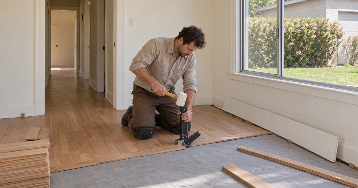 Worker nailing new solid red oak strips through a hallway doorway into the living room of a Bellflower house.