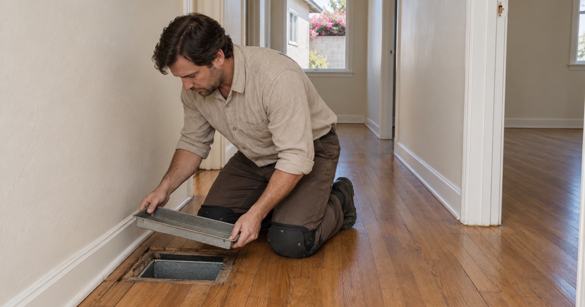 Worker lifting a floor register out of a red oak floor to inspect darkened, gapped board ends in a Bellflower hallway.