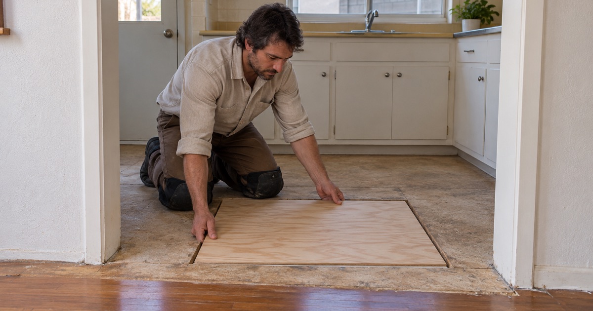 Worker lowering a new plywood panel into a cut-out section of subfloor before the oak goes back down in a Bellflower home.