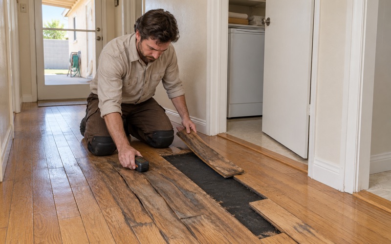 Worker pressing a moisture meter onto a cupped, water-darkened oak board beside a laundry closet in Bellflower.