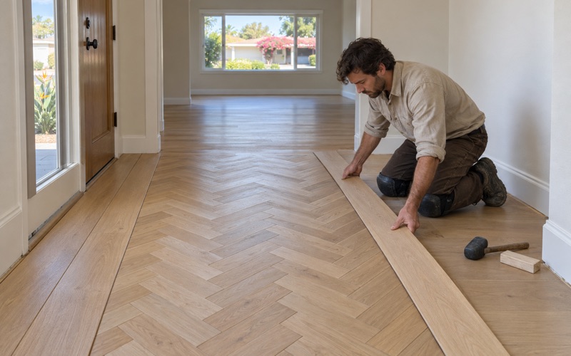 Worker fitting a wide white oak border plank around a finished herringbone floor in a Bellflower entry hall.