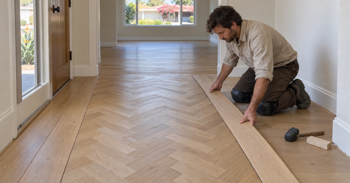 Worker fitting a wide white oak border plank around a finished herringbone floor in a Bellflower entry hall.