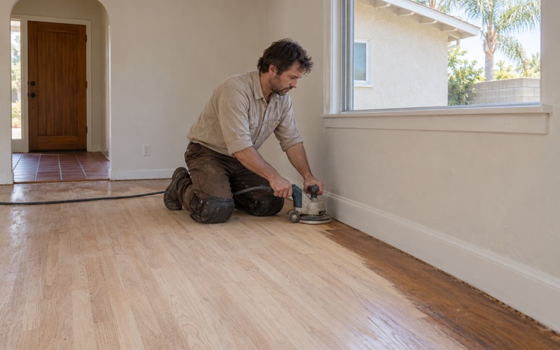 Worker running an edger along the wall to sand the last band of old finish off red oak strips in a Bellflower living room.