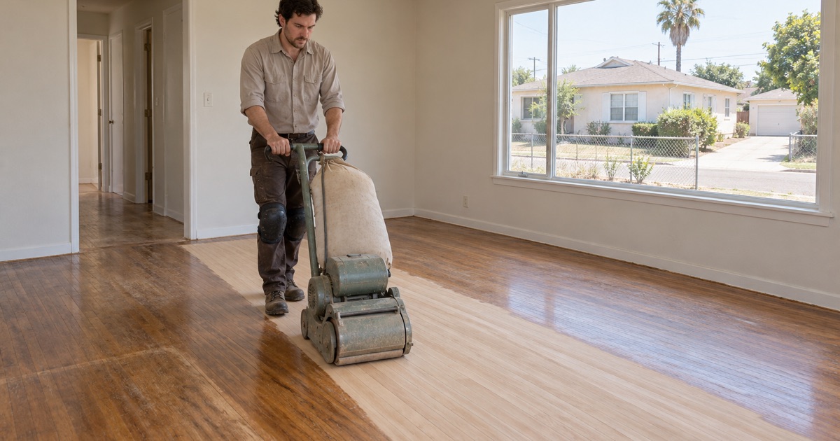 Worker guiding a drum sander across original red oak strip flooring in a 1950s single-story stucco house in Bellflower.